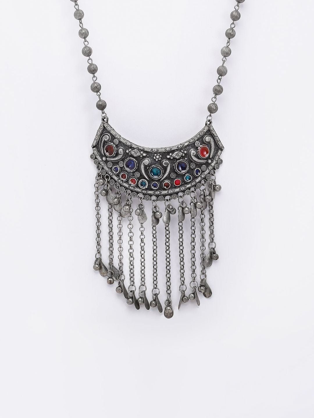 Anouk German Silver-Plated Artificial Stones Studded Oxidised Statement Necklace