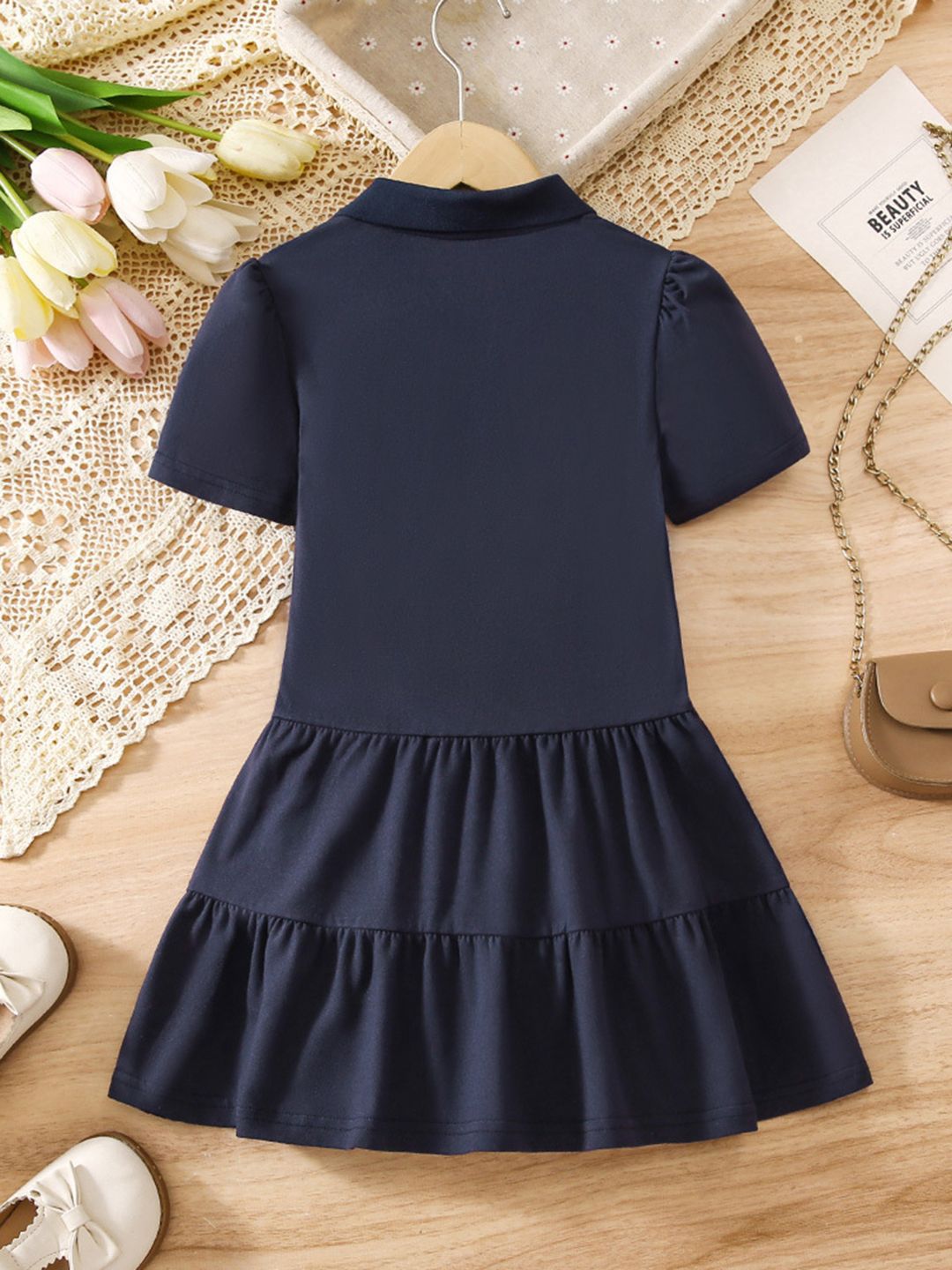 YK Girls Solid Shirt Collar A-Line Dress
