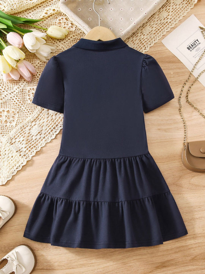 YK Girls Solid Shirt Collar A-Line Dress