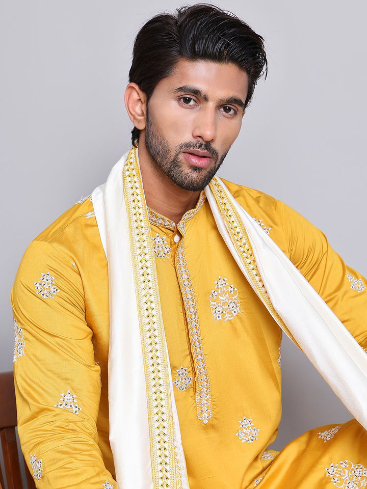 Jompers Floral Embroidered Sequinned Silk Cotton Straight Kurta with Pyjamas & Dupatta
