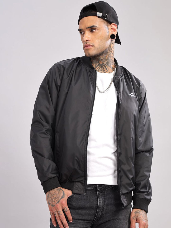 ADRO Men Stand Collar Solid Casual Bomber Jacket