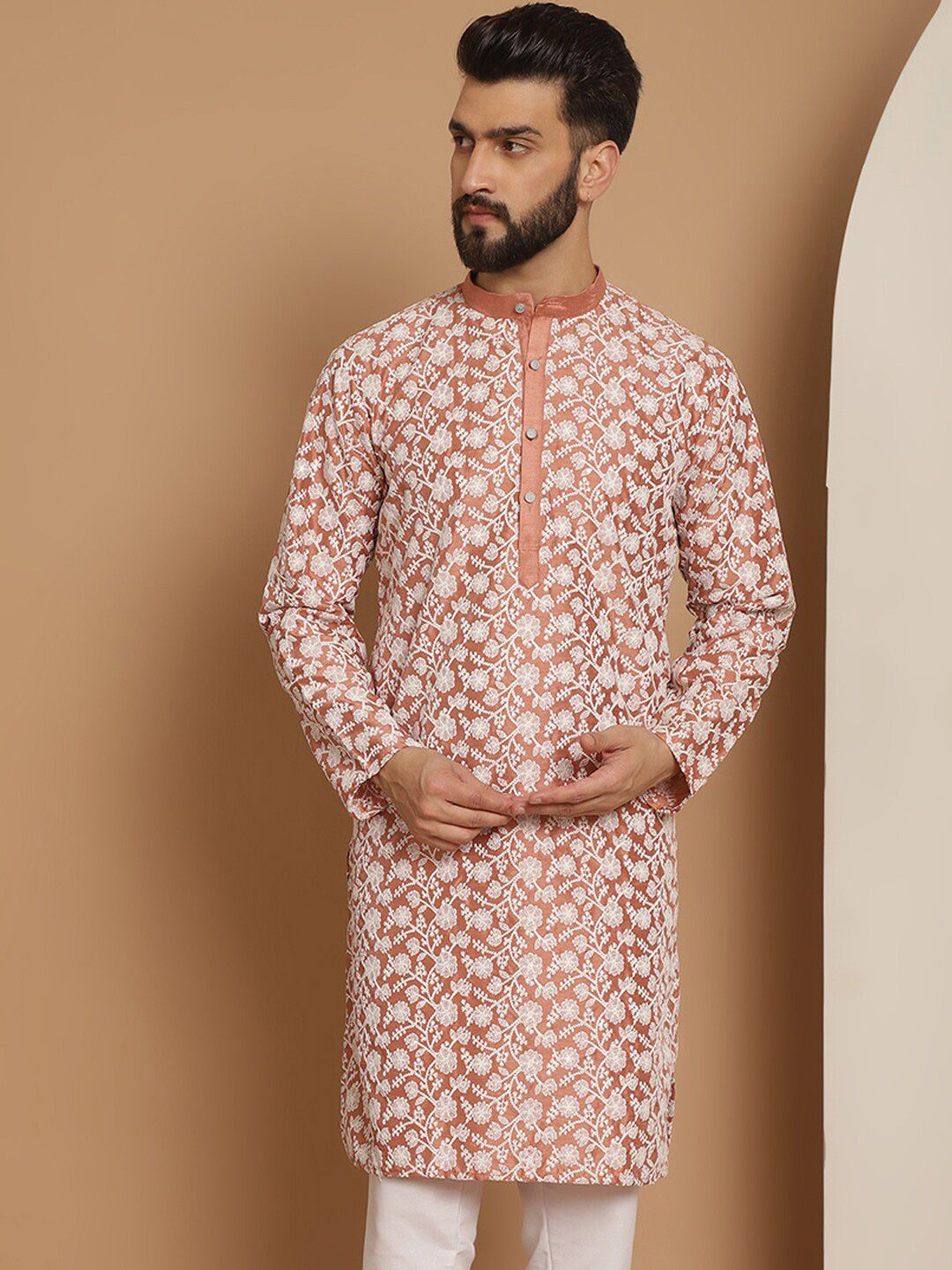 Anouk Peach-Coloured Floral Embroidered Thread Work Detailed Silk Cotton Straight Kurta