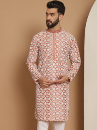 Anouk Peach-Coloured Floral Embroidered Thread Work Detailed Silk Cotton Straight Kurta