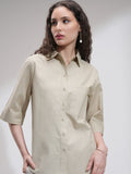 Tokyo Talkies Women Solid Button Down Longline Cotton Shirt