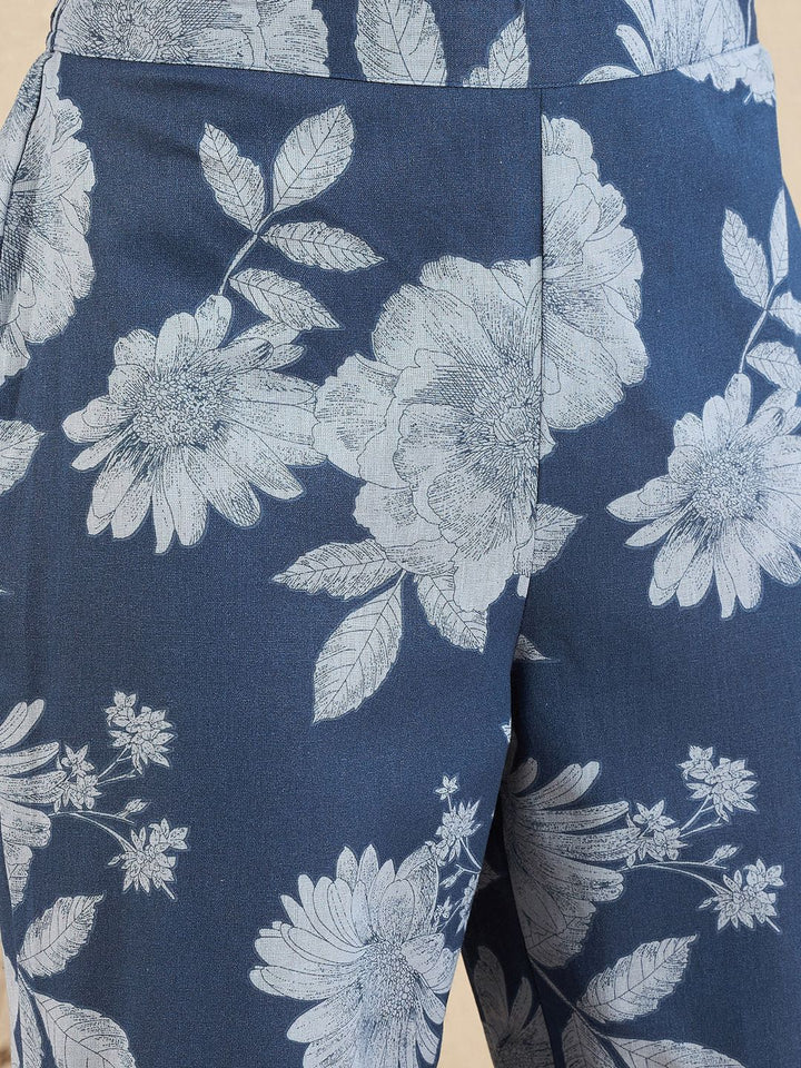 Indo Era Floral Printed Pleated V Neck Straight Kurta With Trousers