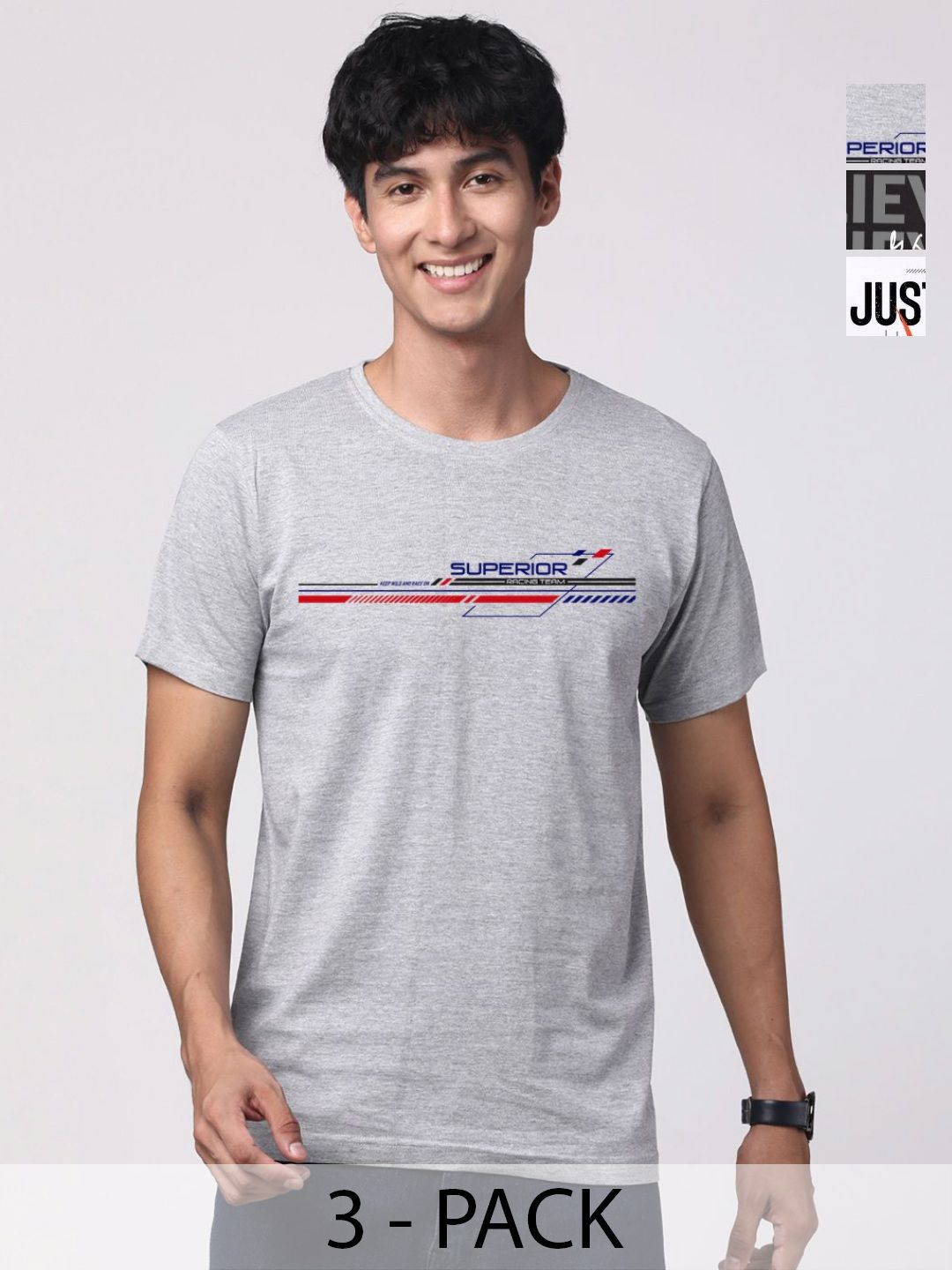 ADRO Pack of 3 Printed Round Neck Cotton T-shirt
