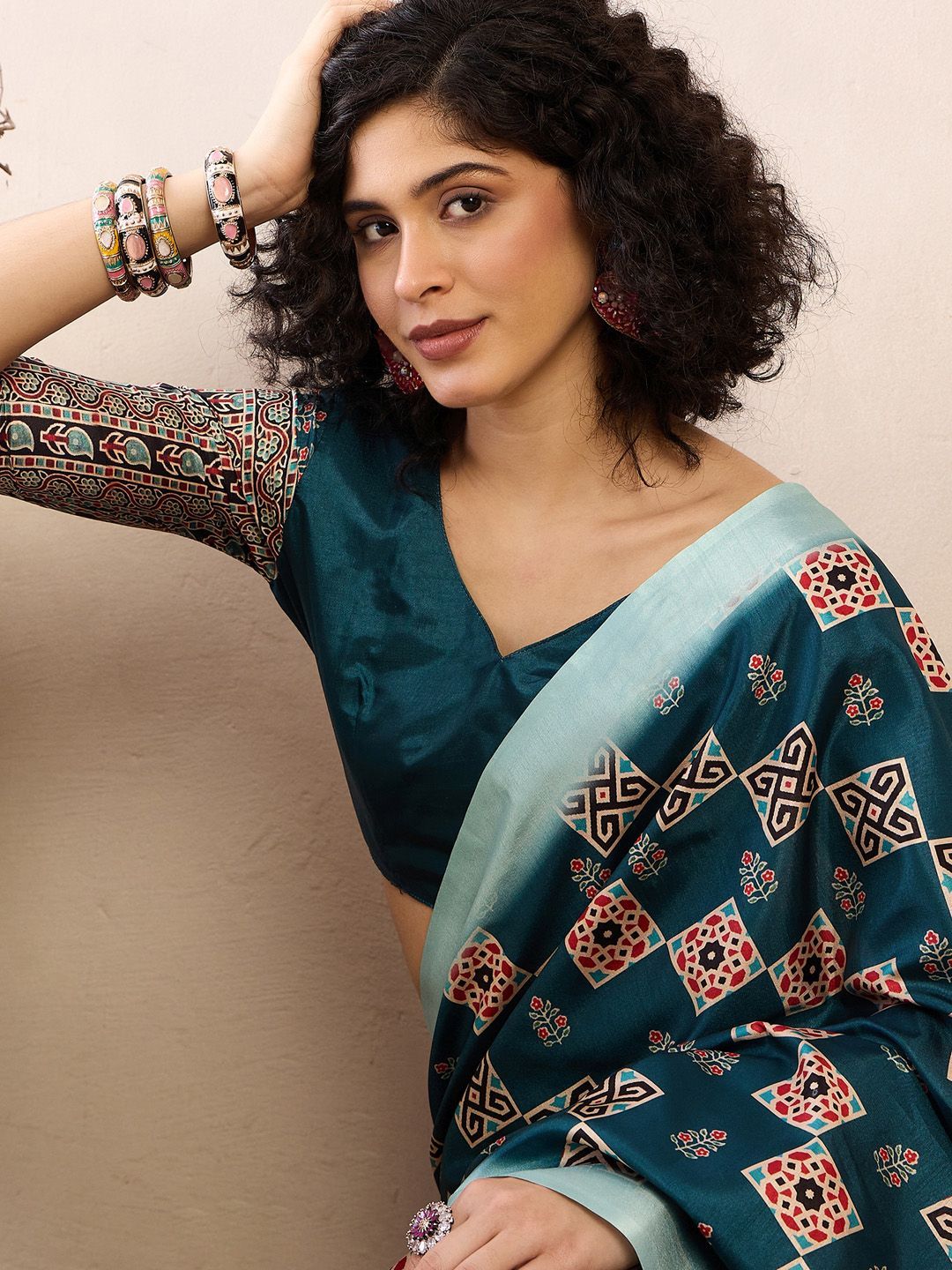 Saree mall modal Ajrak Block Satin Bagru SareesWith Blouse Piece
