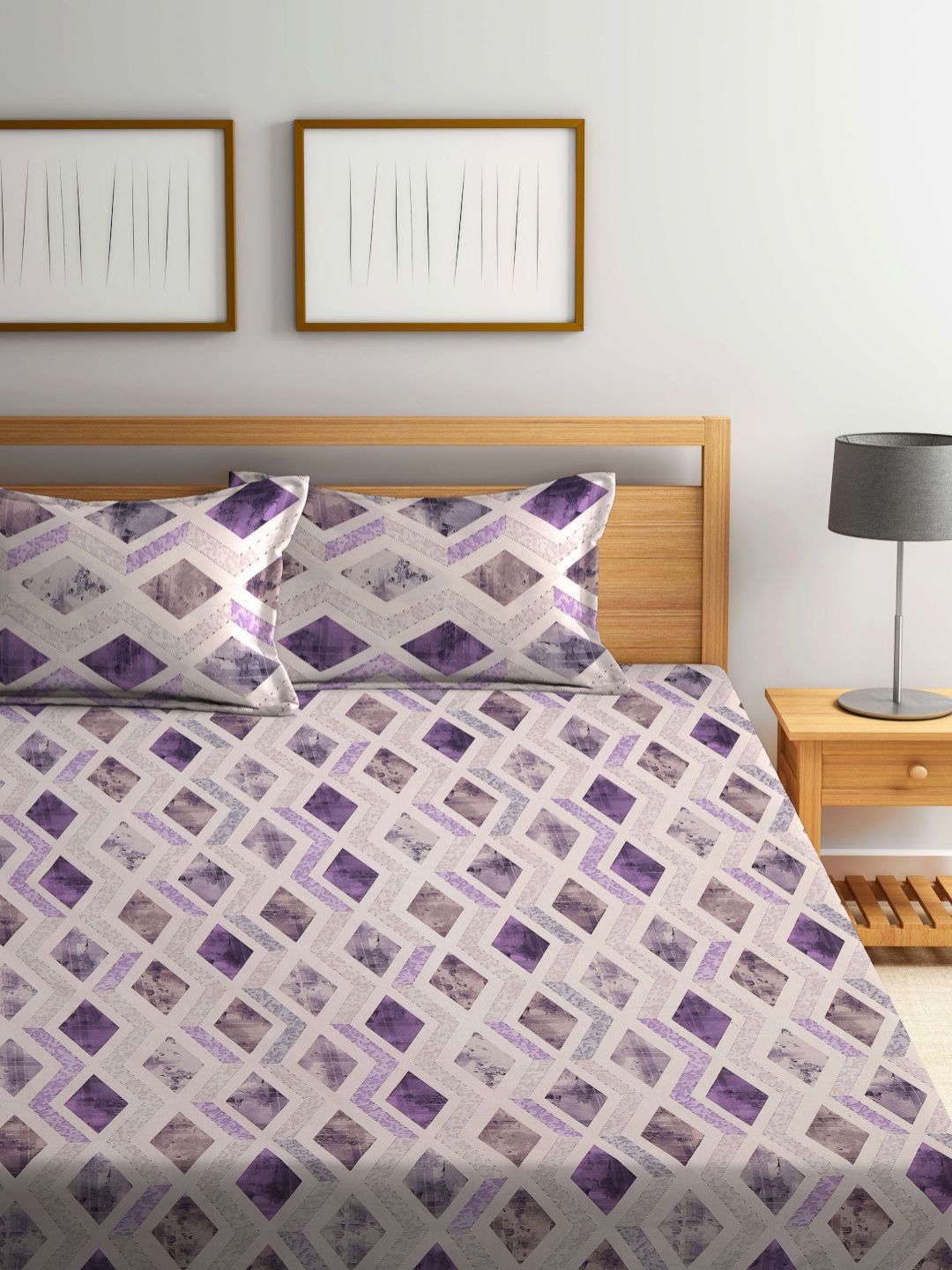 Myntra Elegant Homes White Geometric Pure Cotton 400 TC King Superfine Bedsheet dengan 2 Sarung Bantal-98 x 89 inci