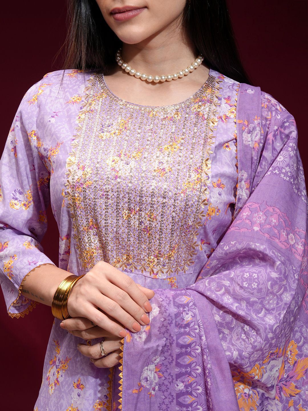 Vishudh Women Embroidered Yoke Printed Kurta with Solid Pant and Printed Dupatta