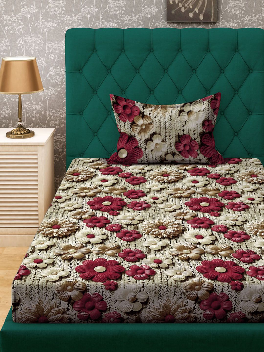 KLOTTHE Beige Floral Printed Dilengkapi 300 TC Single Cadar 7D Dengan Sarung Bantal