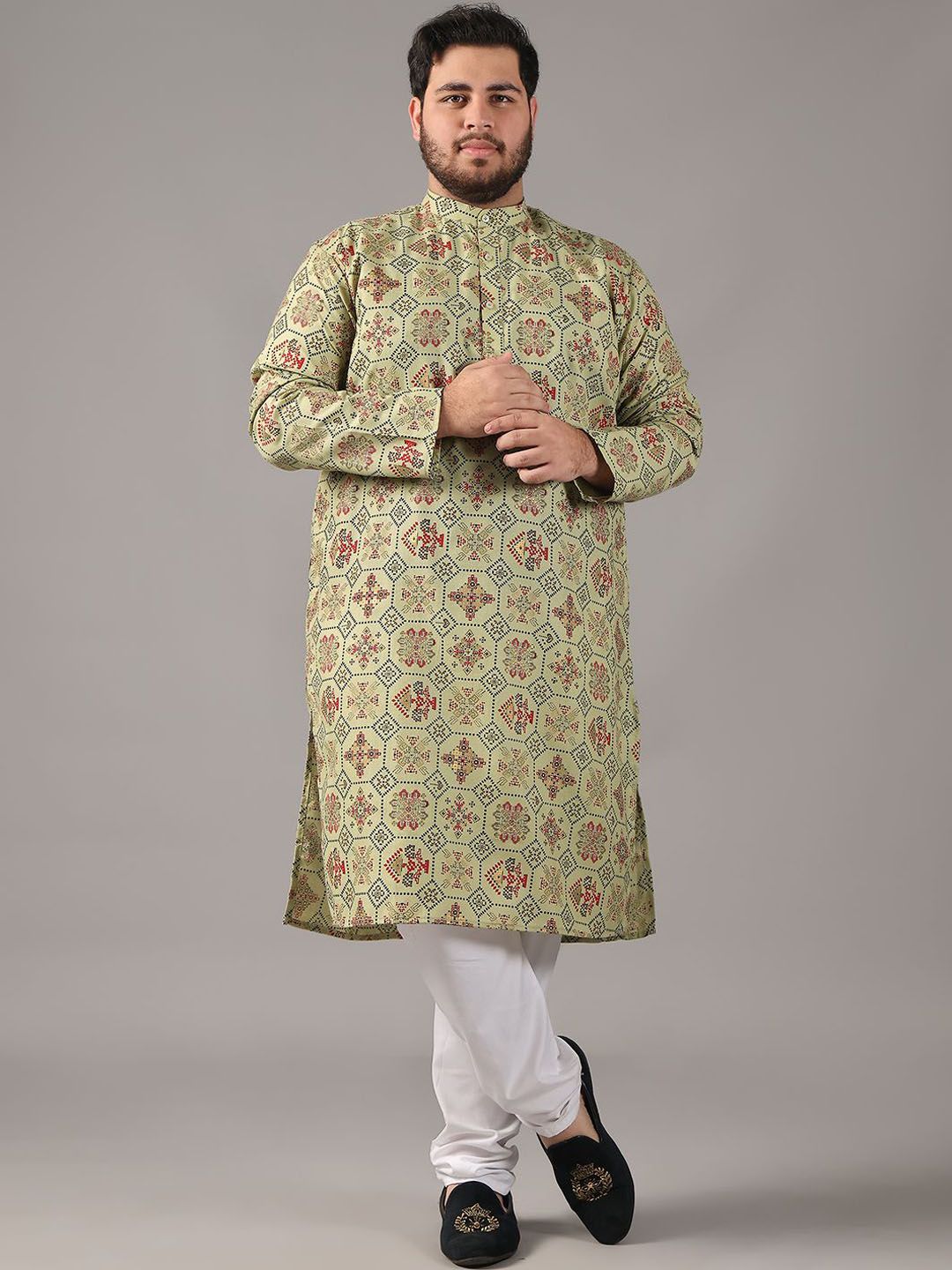 SOJANYA PLUS Plus Size Lelaki Motif Etnik Bercetak Cotton Linen Kurta Lurus Dengan Piyama