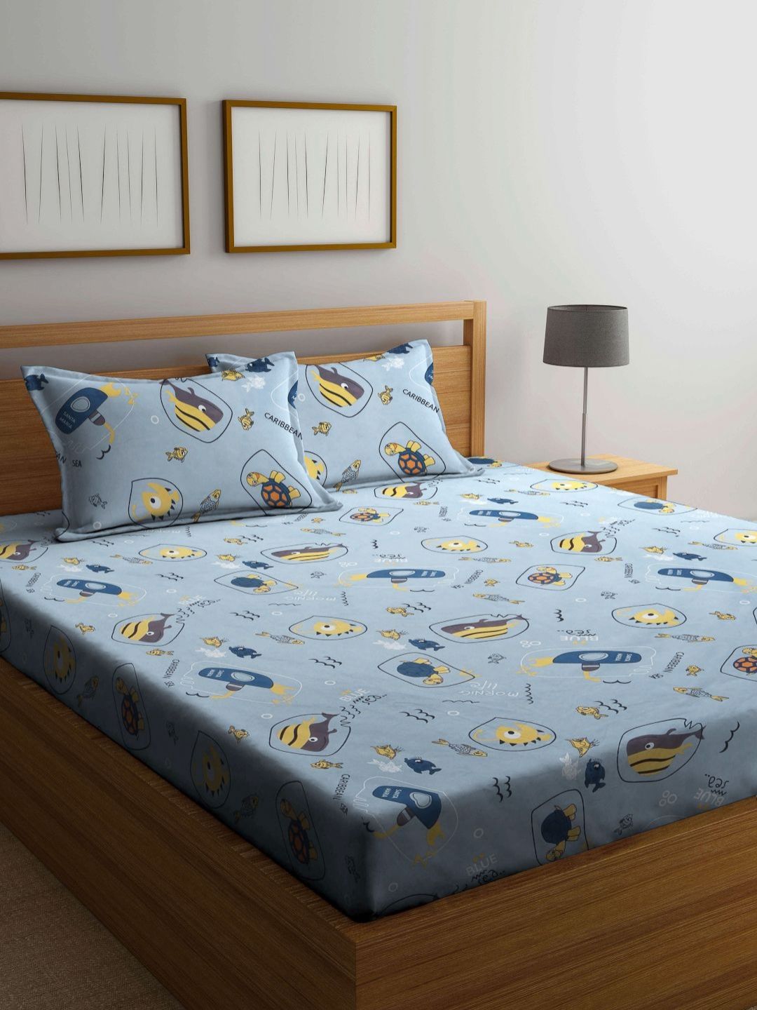 Myntra Elegant Homes Velar Sib Grey Conversational Cotton 300 TC Fitted King Fine Bedsheet with 2 Pillow Covers-250 x 225 cm