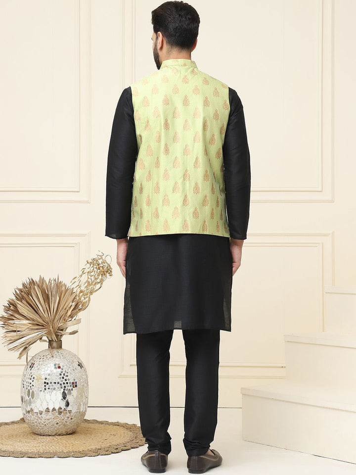 SOJANYA Mandarin Collar Silk Cotton Straight Kurta with Churidar & Nehru jacket