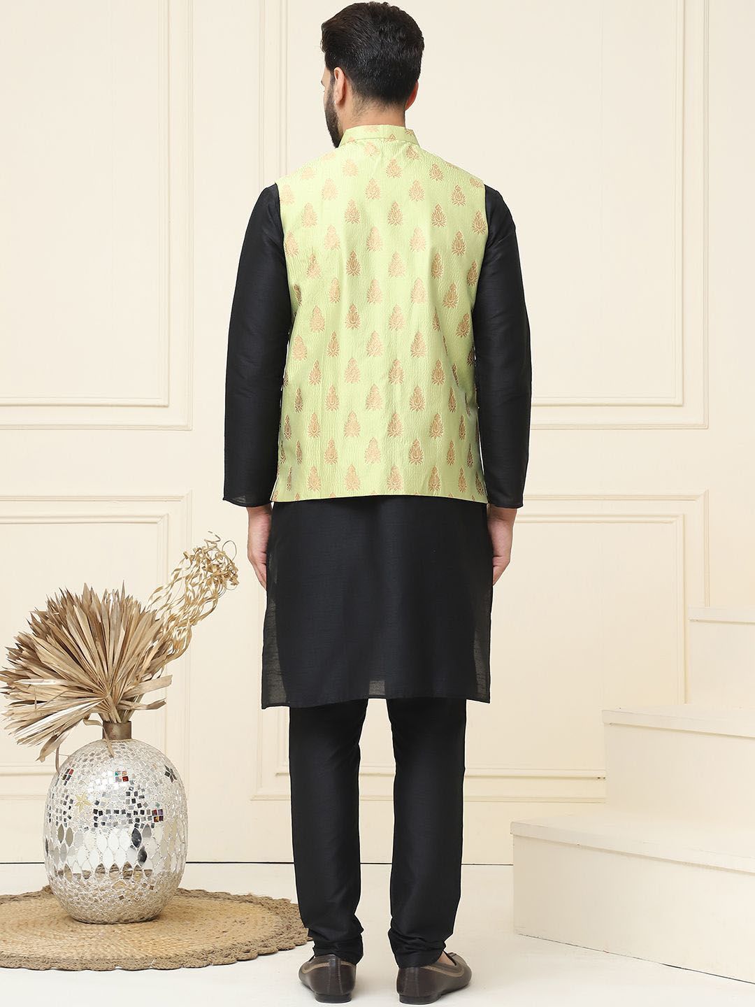 SOJANYA Mandarin Collar Silk Cotton Straight Kurta with Churidar & Nehru jacket