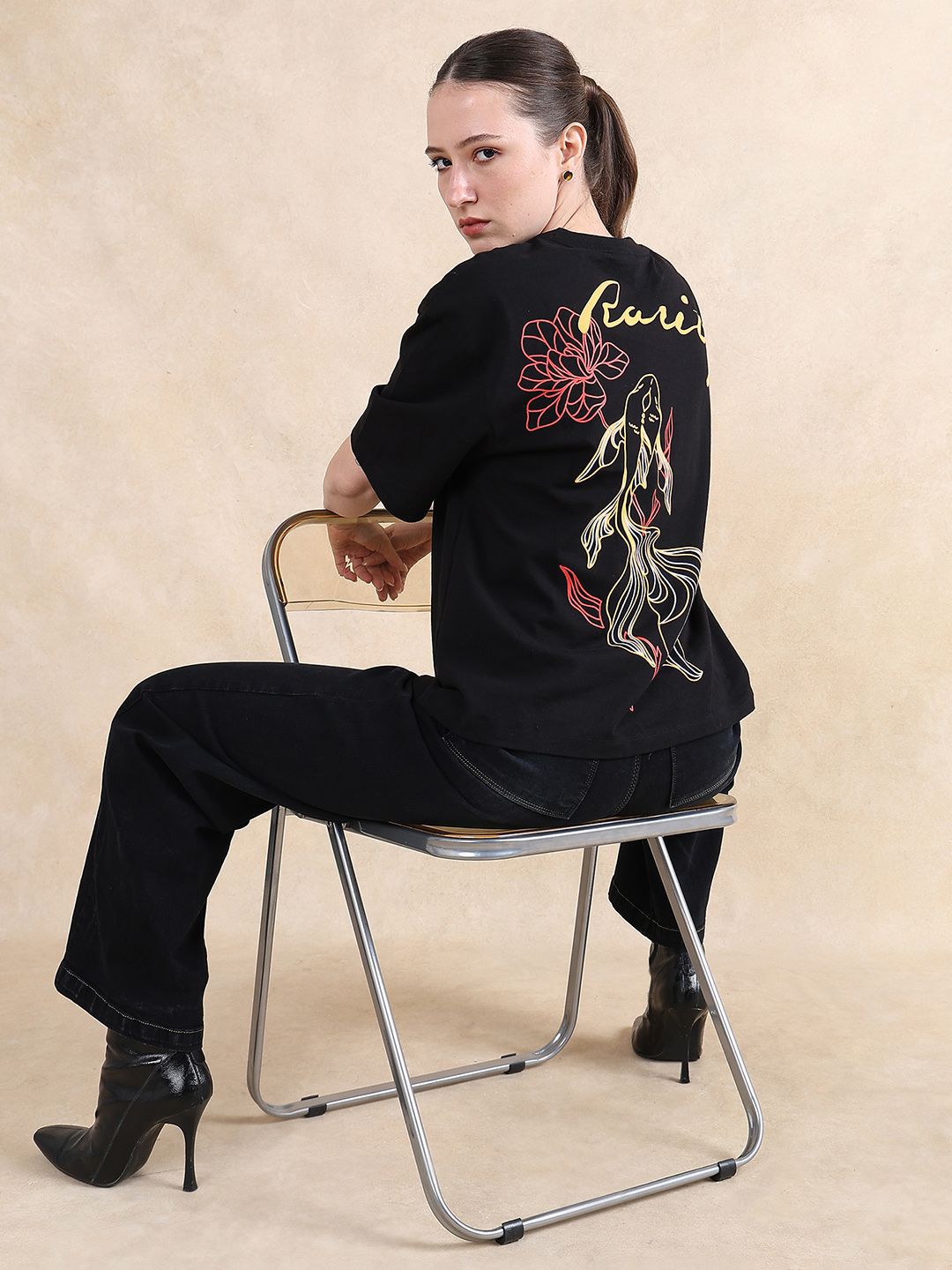 Rareism Women Graphic Graphic Printed Neck Cotton T-Shirt Berkekalan