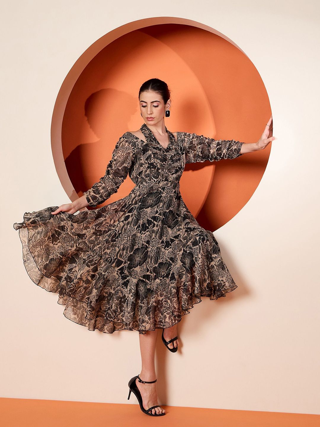 Antheaa Women Embellished Floral Printed Puff Sleeve Fit & Flare Midi Dress