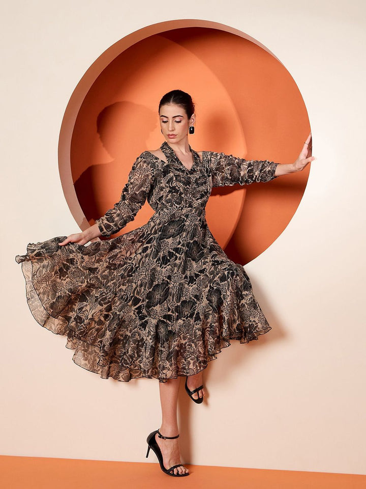 Antheaa Women Embellished Floral Printed Puff Sleeve Fit & Flare Midi Dress