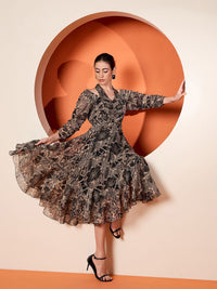 Antheaa Women Embellished Floral Printed Puff Sleeve Fit & Flare Midi Dress