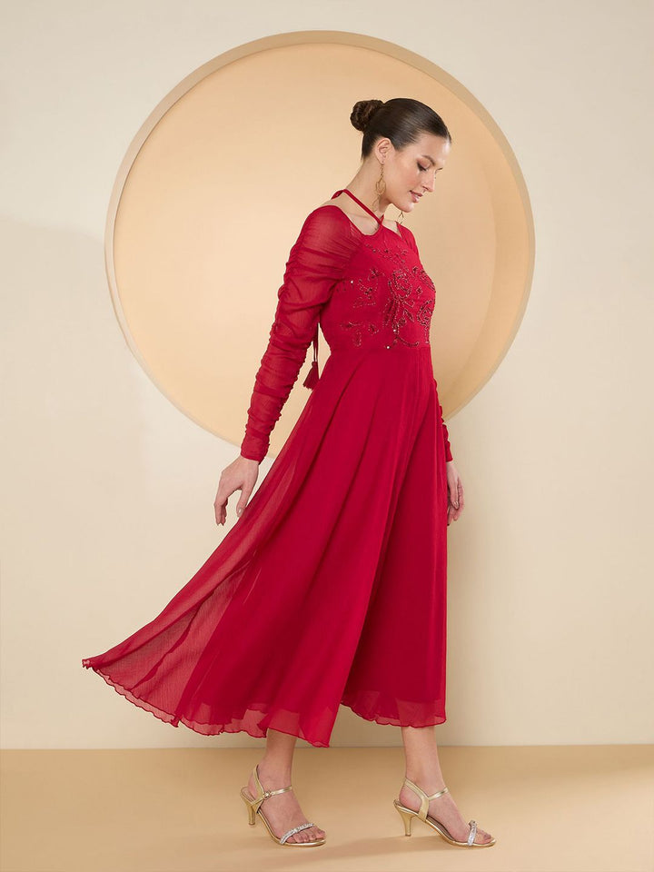 Antheaa Halter Neck Chiffon Embellished Maxi Dress