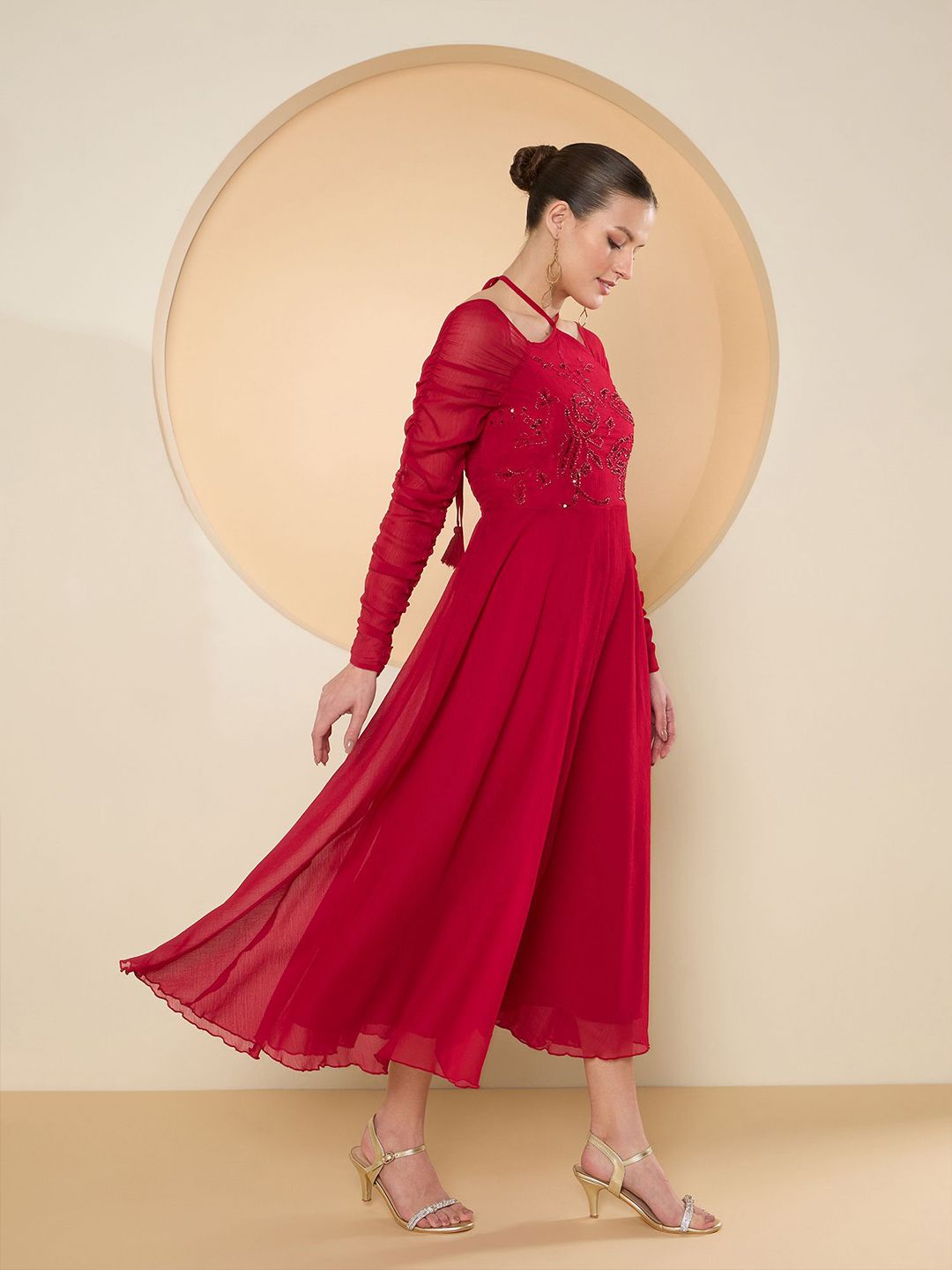 Antheaa Halter Neck Chiffon Embellished Maxi Dress