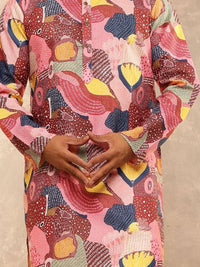 Anouk Abstract Printed Band Collar Straight Cotton Linen Kurta