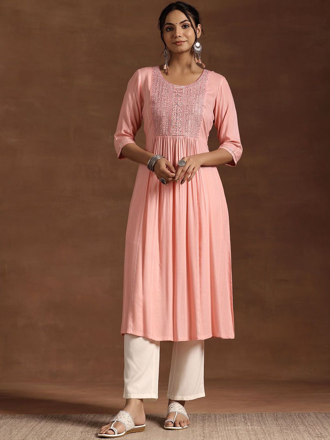 Libas Floral Yoke Design Mirror Work Pleated A-Line Kurta