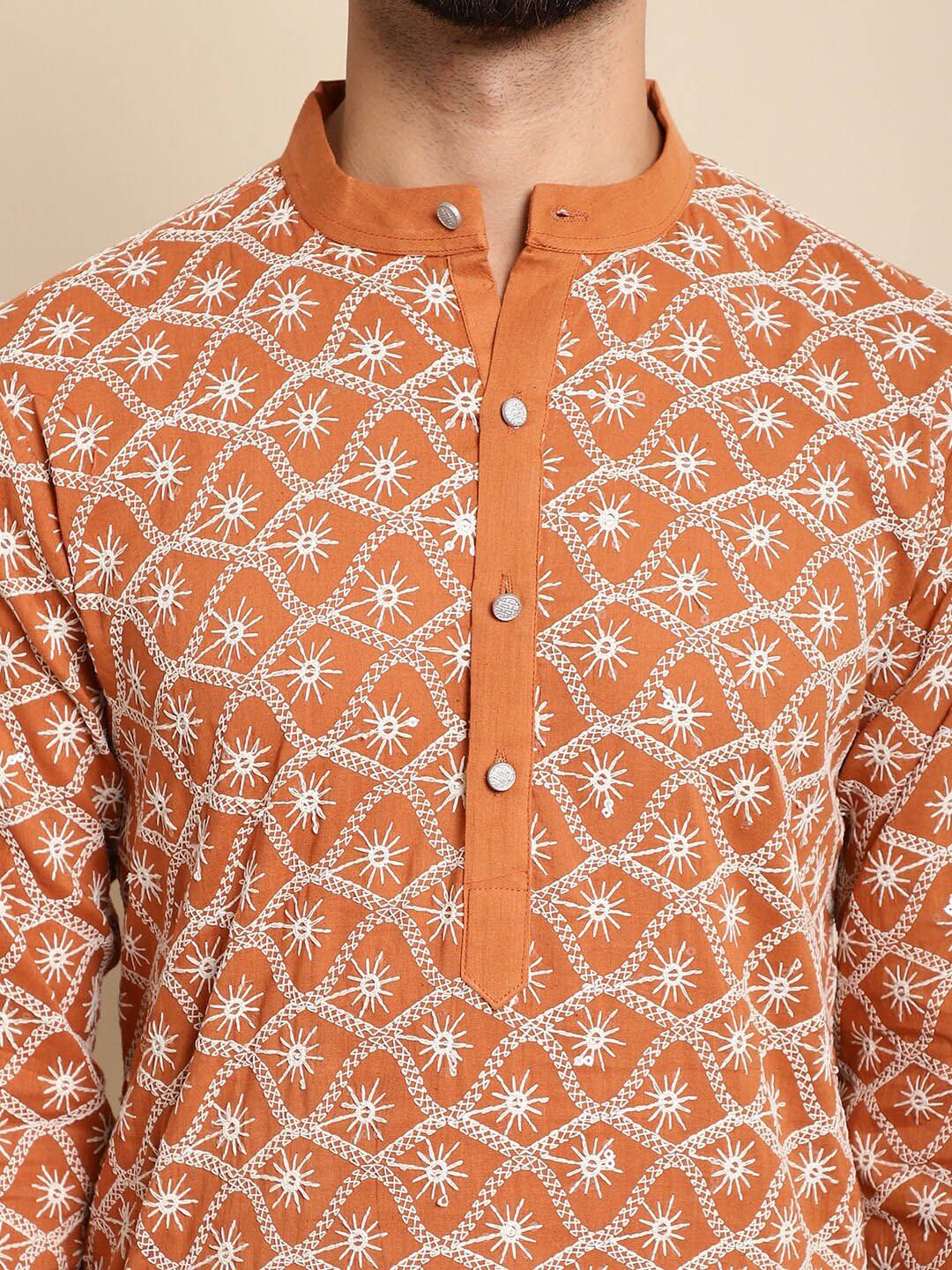 Anouk Orange-Coloured & White Floral Embroidered Thread Work Pure Cotton Kurta Set