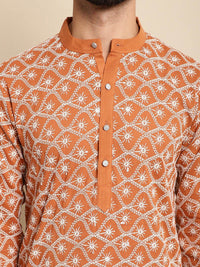 Anouk Orange-Coloured & White Floral Embroidered Thread Work Pure Cotton Kurta Set