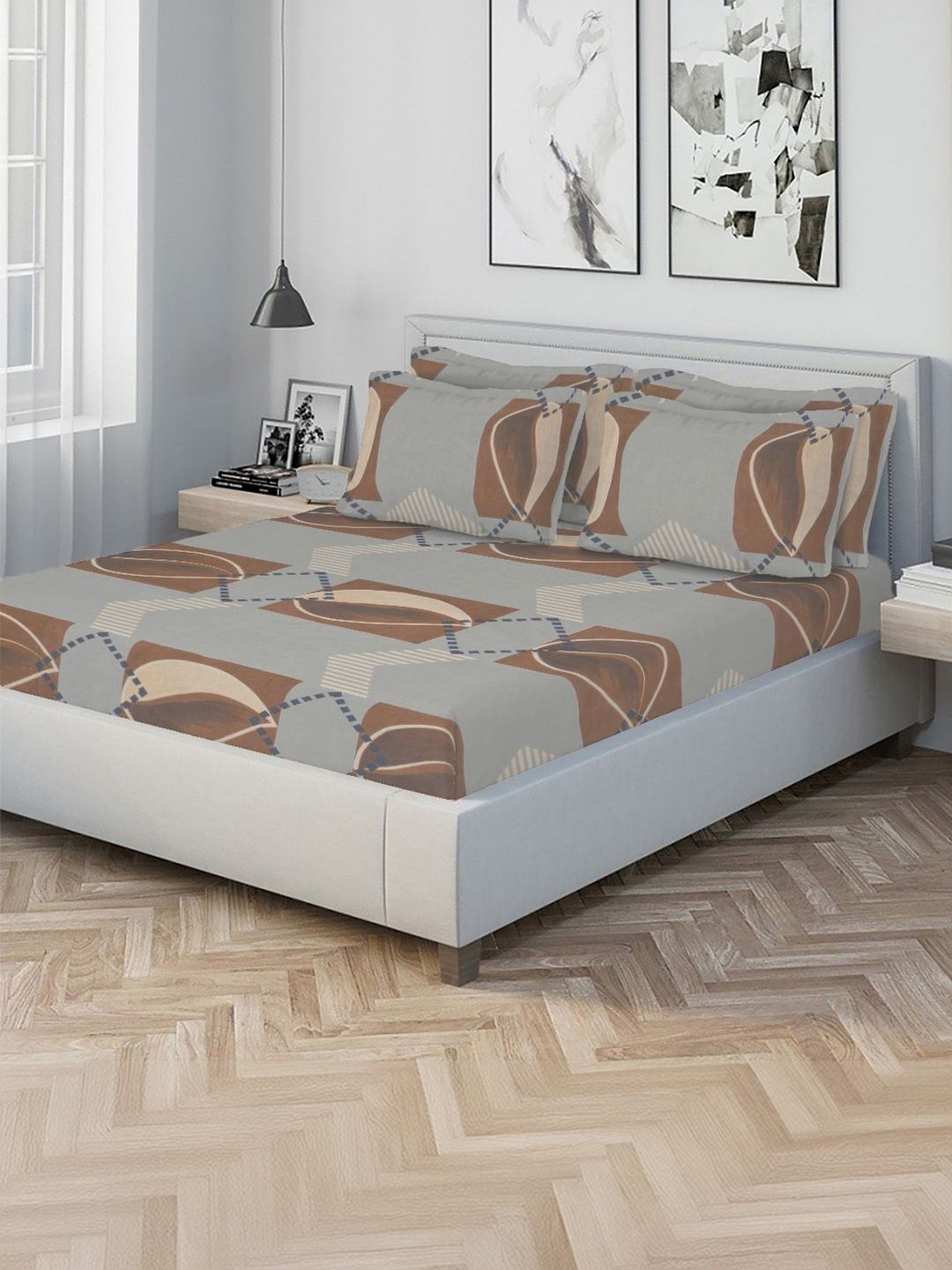 KLOTTHE Bercetak Kelabu & Perang Dilengkapi Cadar Katil King Double 300 TC Dengan 4 Sarung Bantal