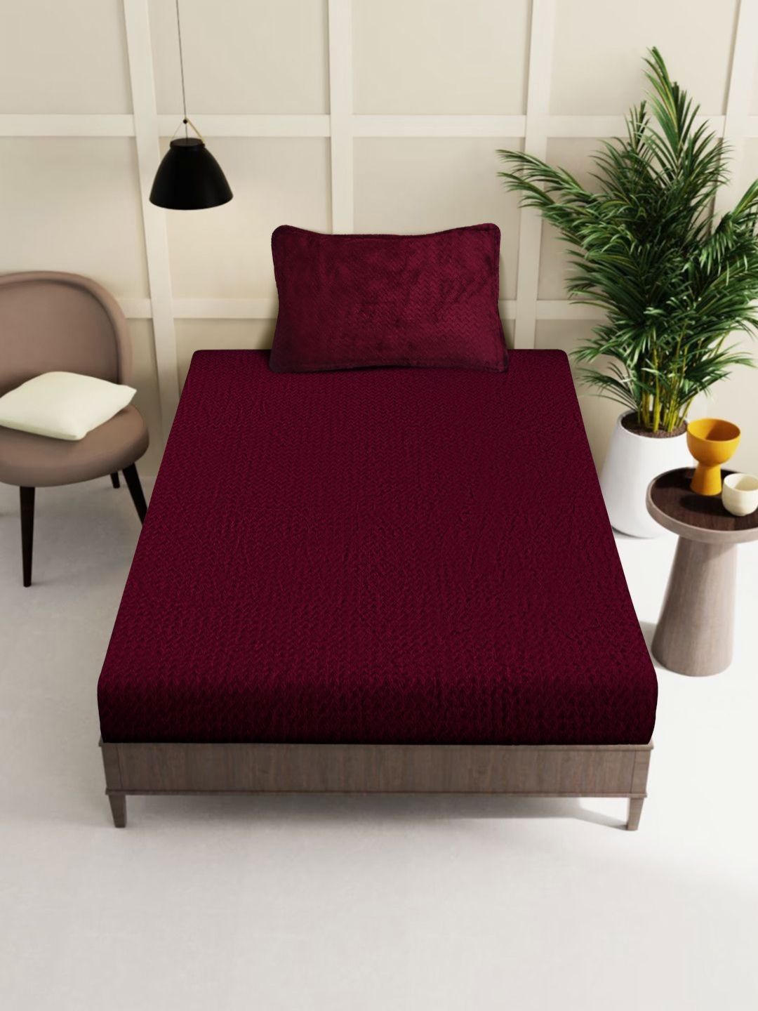 KLOTTHE Maroon Abstract 300TC Woollen Single Bedsheet & 1 Pillow Cover