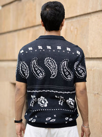 Powerlook Men Navy Paisley Jacquard Knit T-Shirt