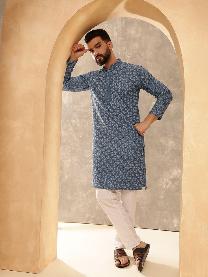 Anouk Blue Geometric Embroidered Mandarin Collar Pure Cotton Kurta With Pyjama