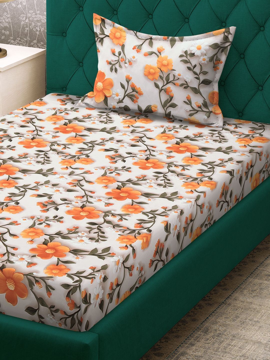 Myntra Elegant Off White Floral 300 TC Single Cadar 7D dengan 1 Sarung Bantal