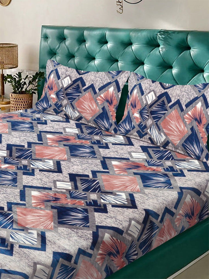 KLOTTHE Blue & White Geometric Printed Flat 300 TC King Bedsheet With 2 Pillow Cover