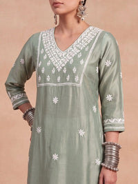 House of Chikankari Women Ethnic Motifs Embroidered Chikankari Chanderi Silk Kurta