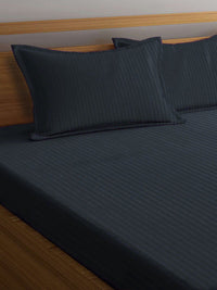 KLOTTHE Black Solid Striped Flat 300TC King Bedsheet with 2 Pillow Covers-225X150 cm