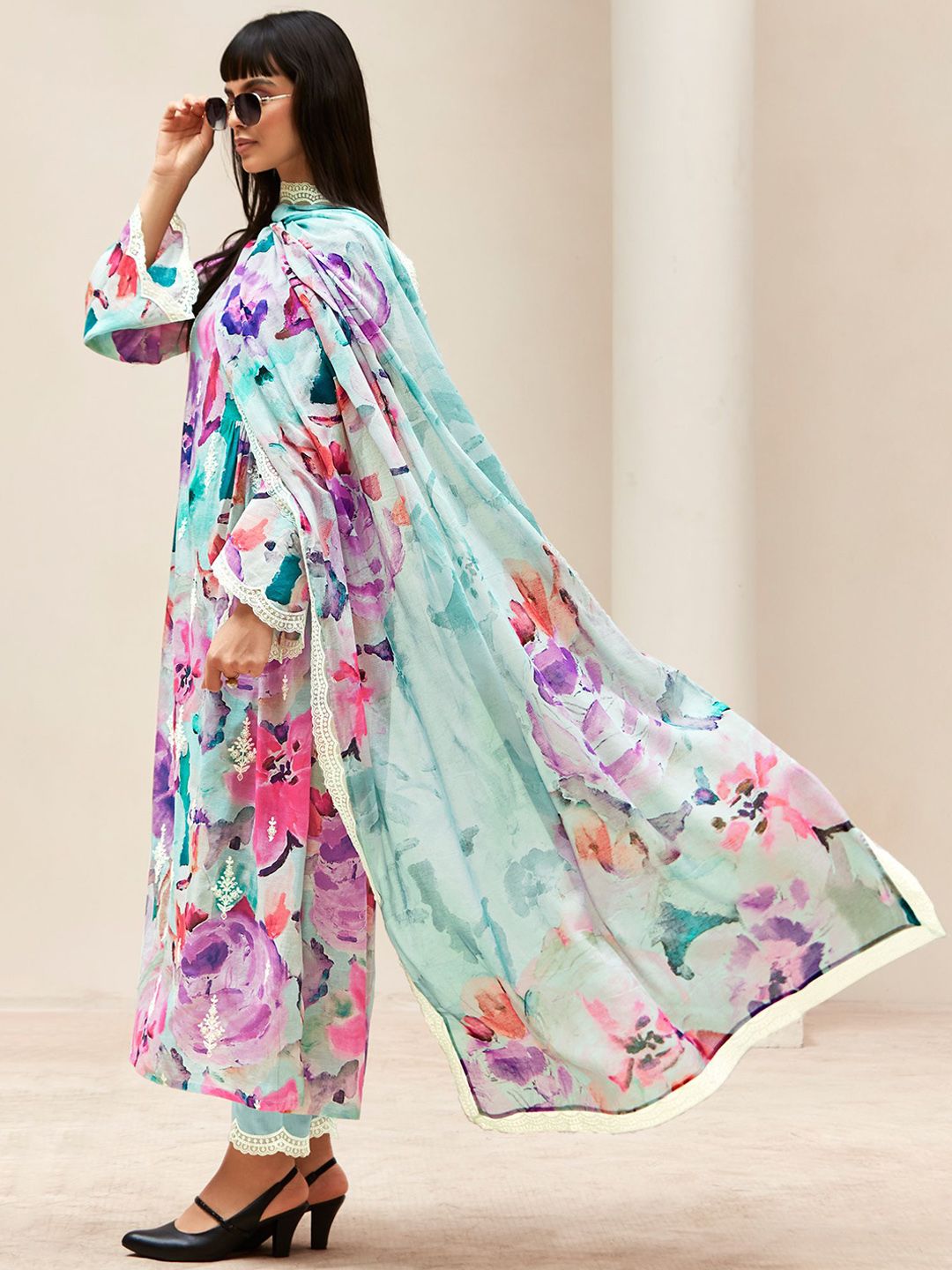 Indo Era Women Floral Embroidered Regular Thread Work Kurta with Trousers & With Dupatta