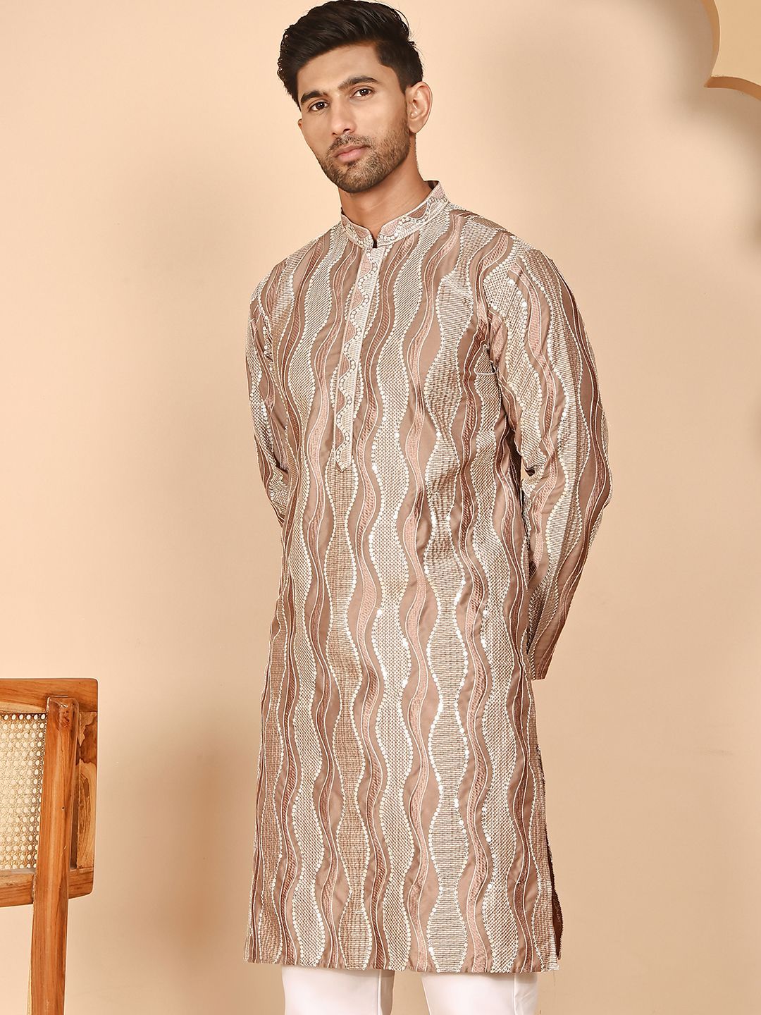 Jompers Floral Embroidered Mandarin Collar Mirror Work Silk Kurta With Dupatta