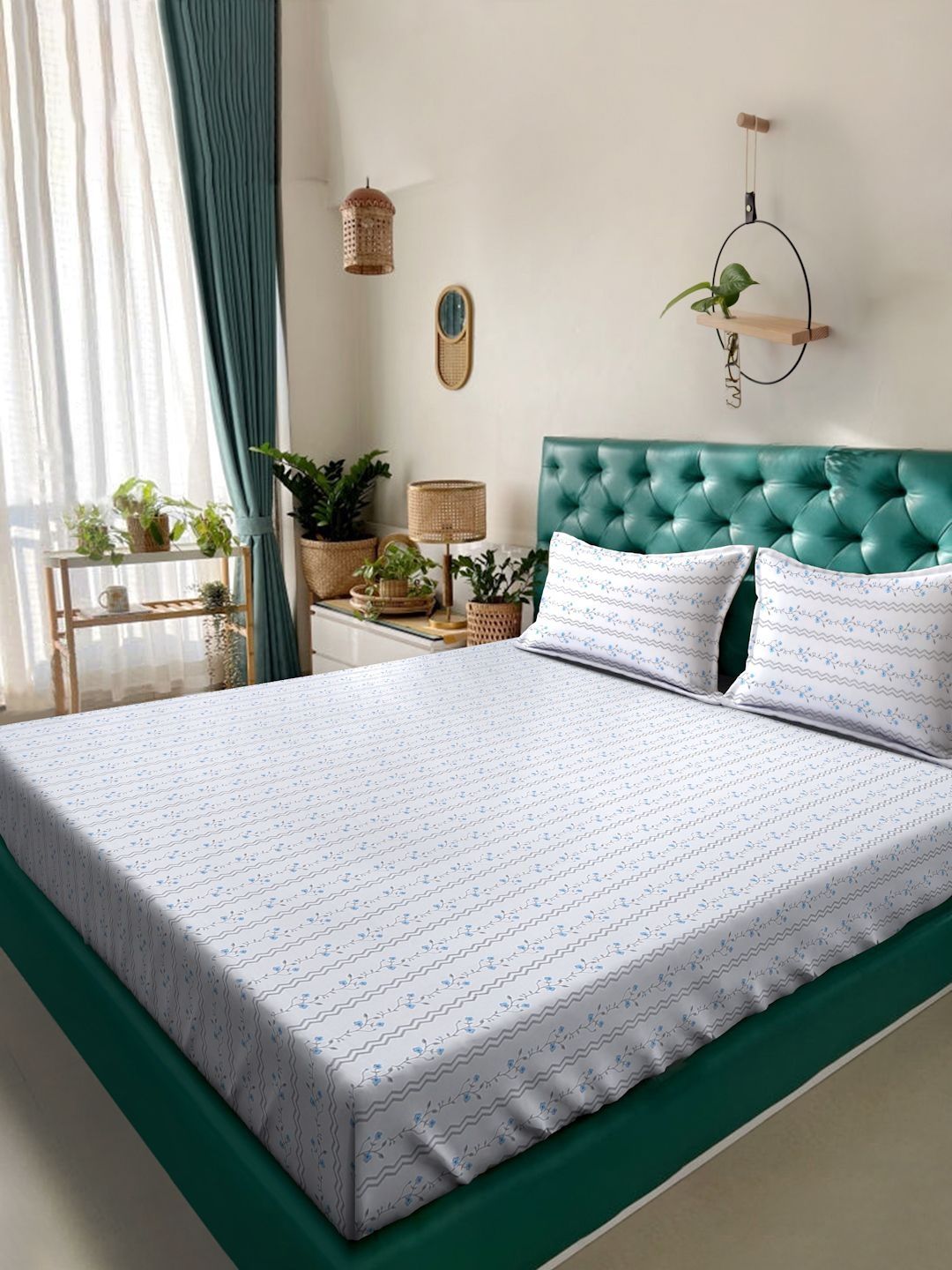 Myntra Elegant Homes White & Blue Floral 400 TC Bedsheet with 2 Pillow Covers