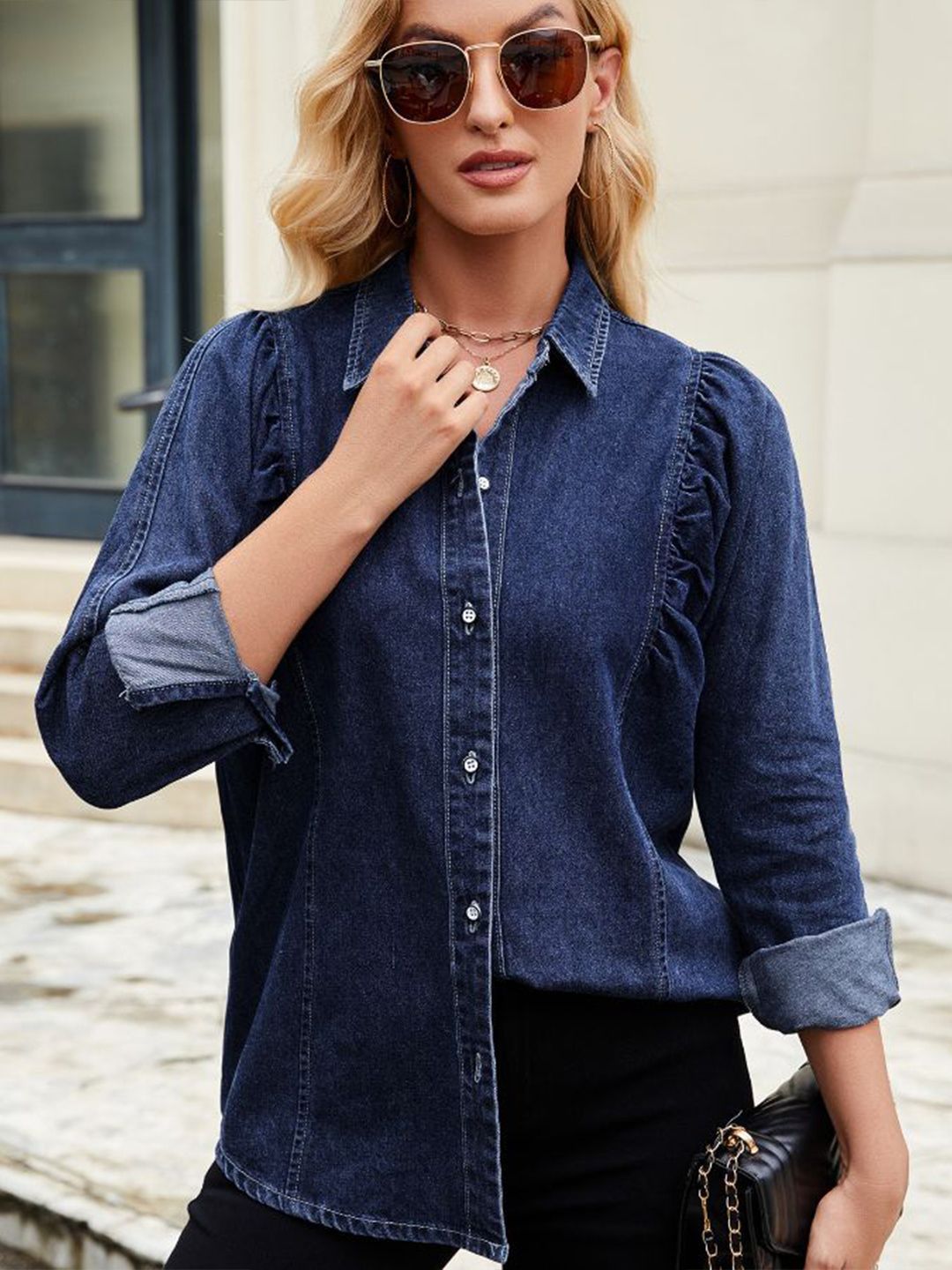 all about you Women Oversized Fit Solid Spread Collar Cotton Casual Shirt