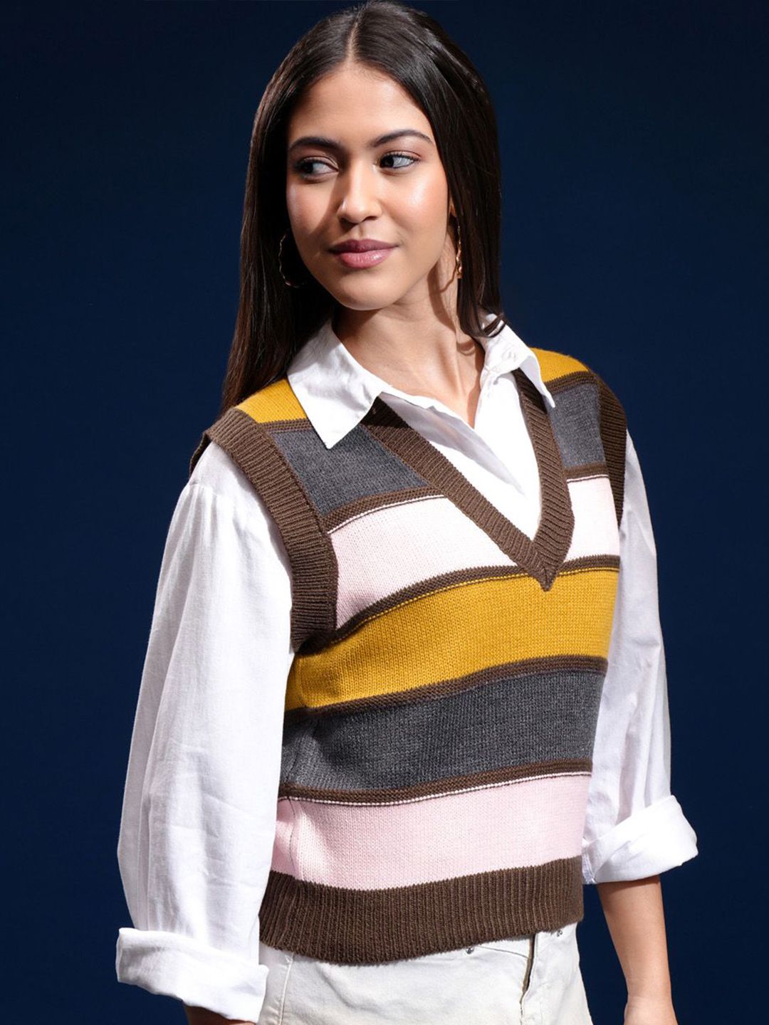 Tokyo Talkies Women Striped V-Neck Sweater Vest