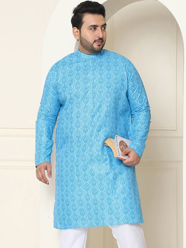 SOJANYA Plus Motif Etnik Printed Mandarin Collar Lengan Panjang Cotton Linen Kurta Lurus
