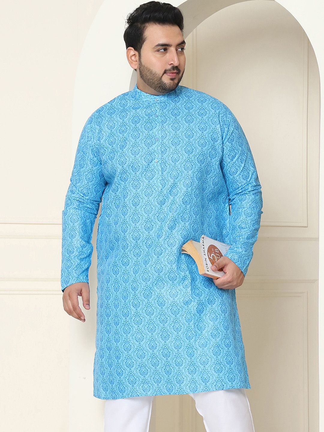SOJANYA Plus Motif Etnik Printed Mandarin Collar Lengan Panjang Cotton Linen Kurta Lurus