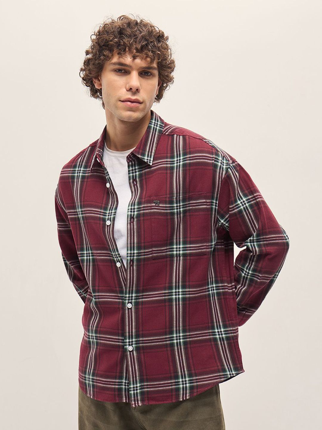 THE BEAR HOUSE Men Spread Collar Tartan Checked Cotton Relaxed Fit Casual Shirt