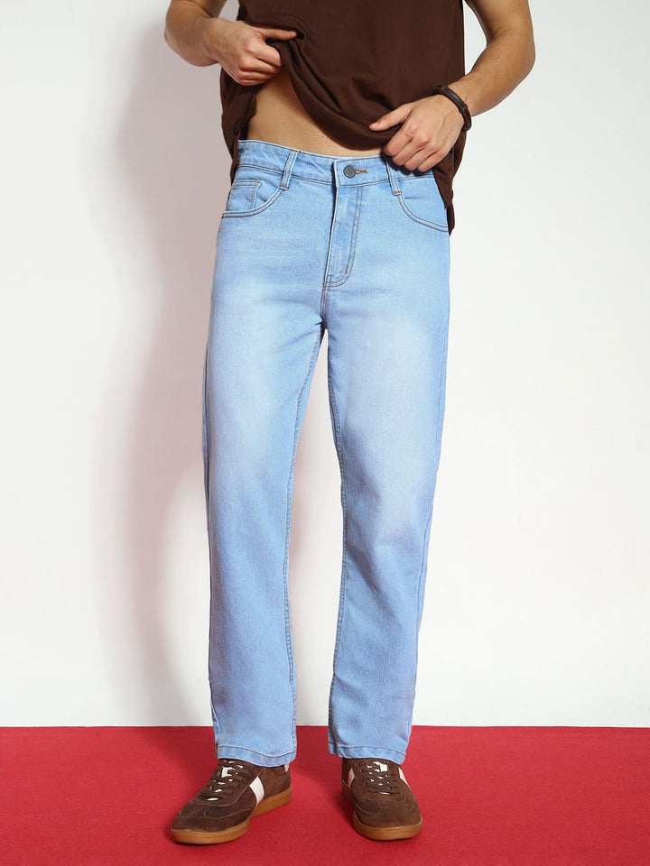 Urbano Fashion Men Ice Blue Straight Fit Heavy Washed Stretchable Jeans
