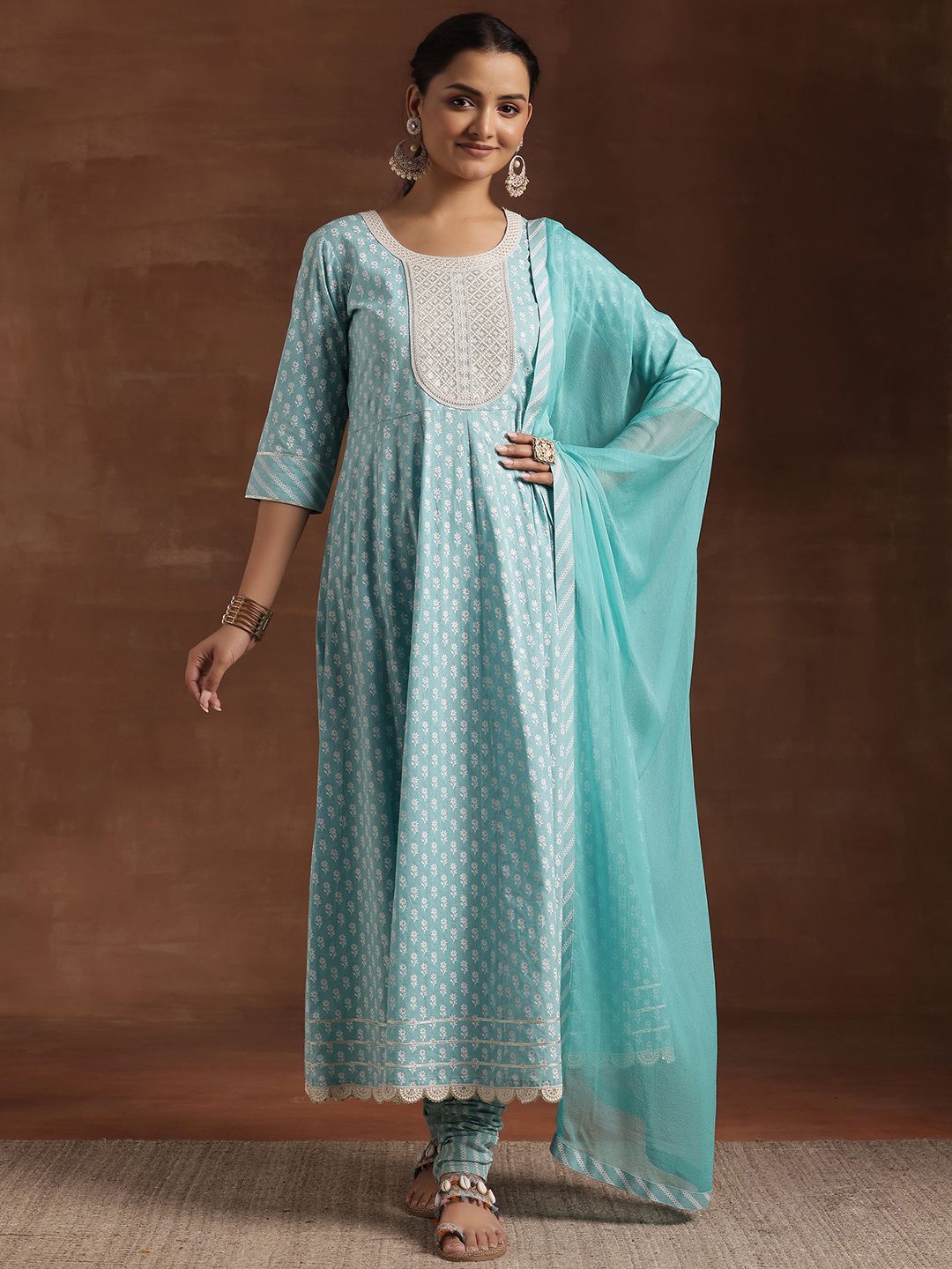 Libas Floral Printed Panelled Thread Work Pure Cotton Kurta with Churidar & Dupatta
