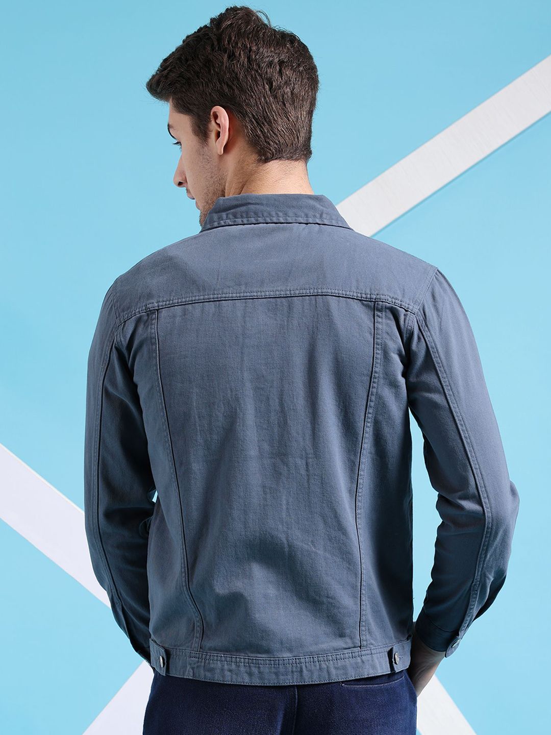 The Indian Garage Co Men Slim Fit Denim Trucker Jacket with Double Flap Pockets