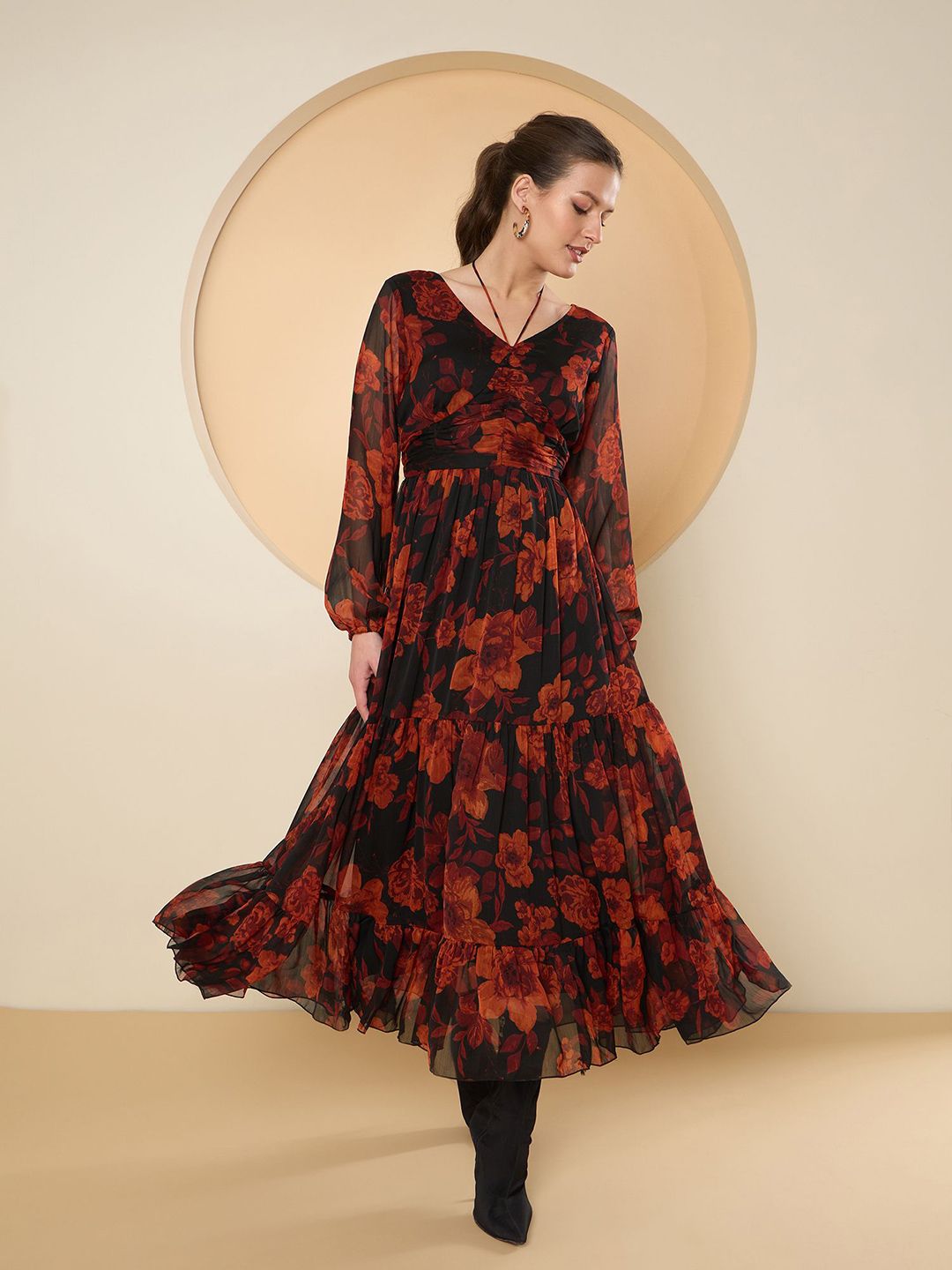 Antheaa Floral Print Chiffon Fit & Flare Maxi Dress