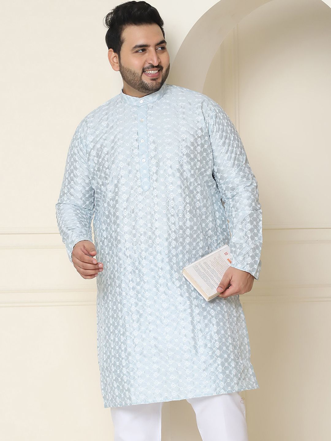 SOJANYA PLUS Size Floral Embroidered Band Collar Straight Kurta