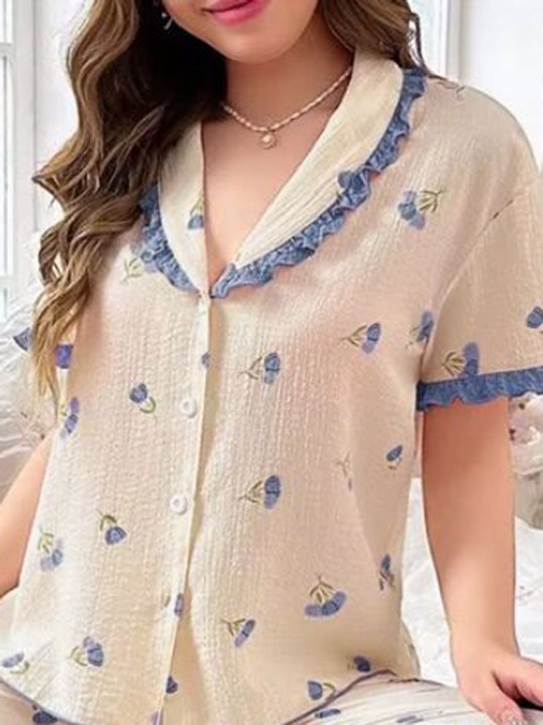 DressBerry Women Floral Printed Lapel Collar Shirt Pyjamas Night suit